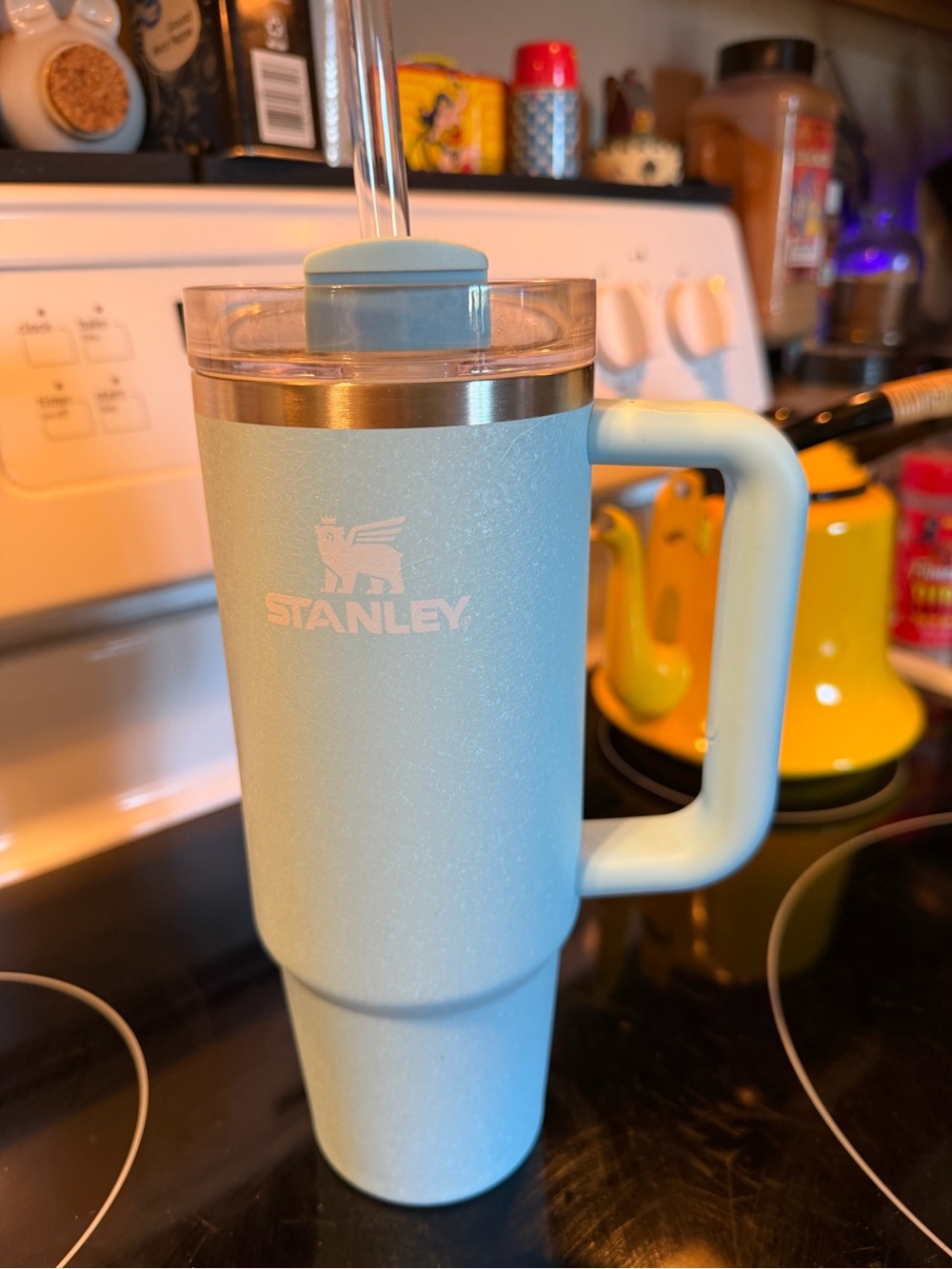 Stanley Light Blue Travel Tumbler with Handle and Straw